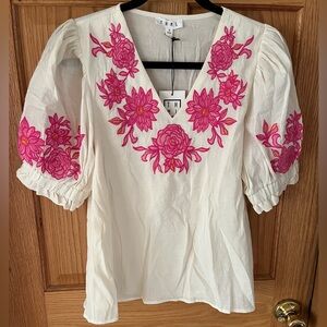 THML Cream Blouse with Pink Floral Embroidery